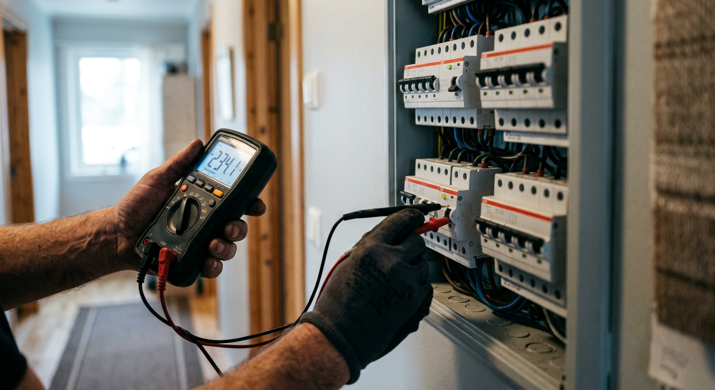 Elektriker måler sikringsskap med multimeter
