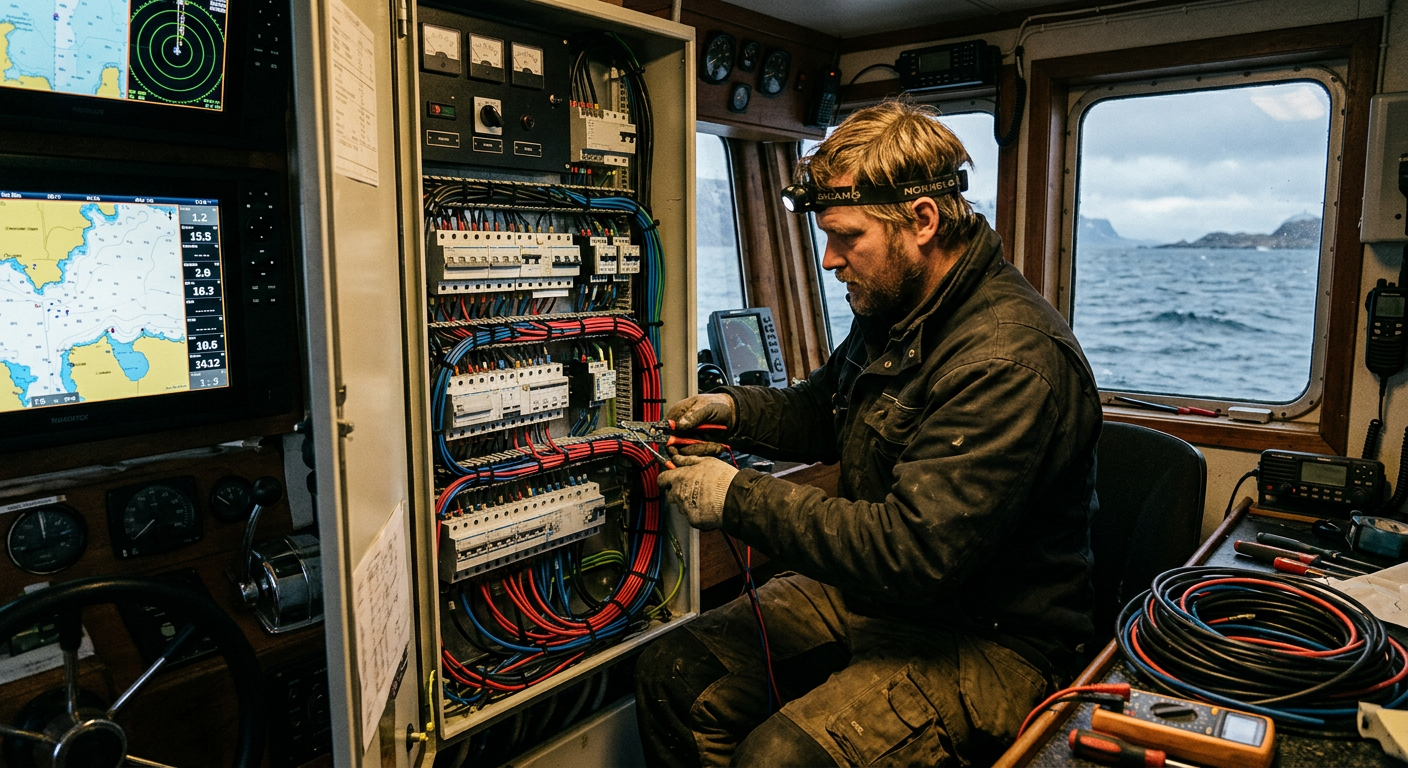 Elektriker arbeider på el-tavla i styrehuset på en fiskebåt